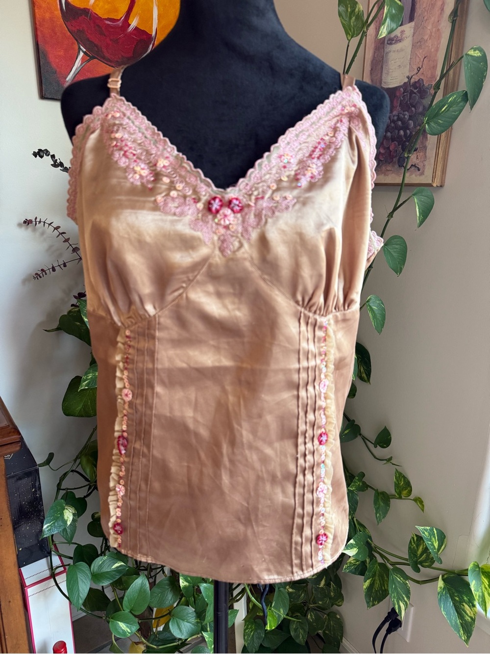 Lane Bryant Peach Satin Camisole with Pink Lace Trim